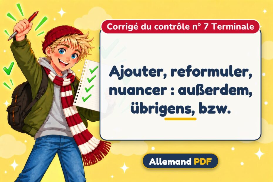 Ajouter, reformuler, nuancer : außerdem, übrigens, bzw. : corrigé du contrôle n° 7 terminale, illustration Allemand PDF
