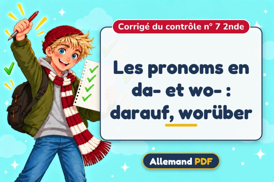 Les pronoms en da- et wo- : darauf, worüber : corrigé du contrôle n° 7 2nde, illustration Allemand PDF