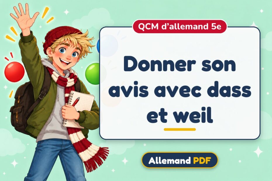 Donner son avis avec dass et weil : QCM d’allemand 5e, illustration Allemand PDF