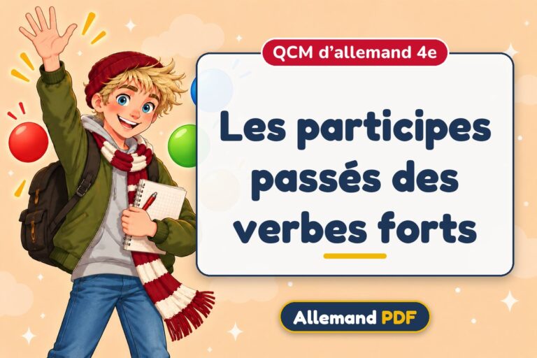 Les participes passés des verbes forts : QCM d’allemand 4e, illustration Allemand PDF