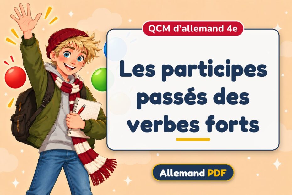 Les participes passés des verbes forts : QCM d’allemand 4e, illustration Allemand PDF