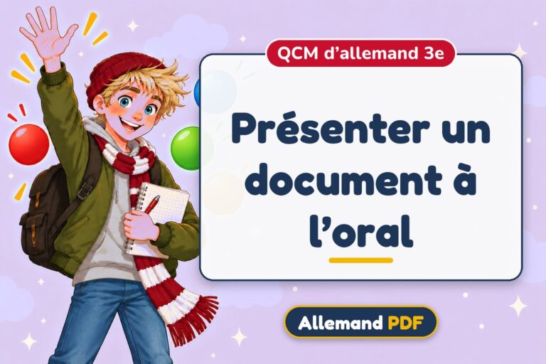 Présenter un document à l’oral : QCM d’allemand 3e, illustration Allemand PDF