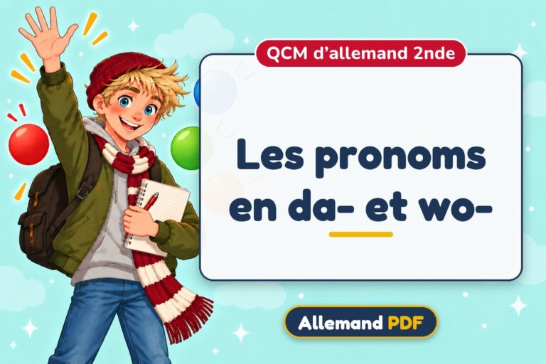 Les pronoms en da- et wo- : QCM d’allemand 2nde, illustration Allemand PDF