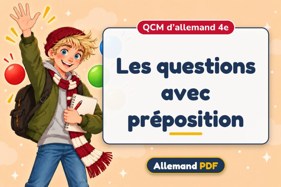 Les questions avec préposition : QCM d’allemand 4e, illustration Allemand PDF