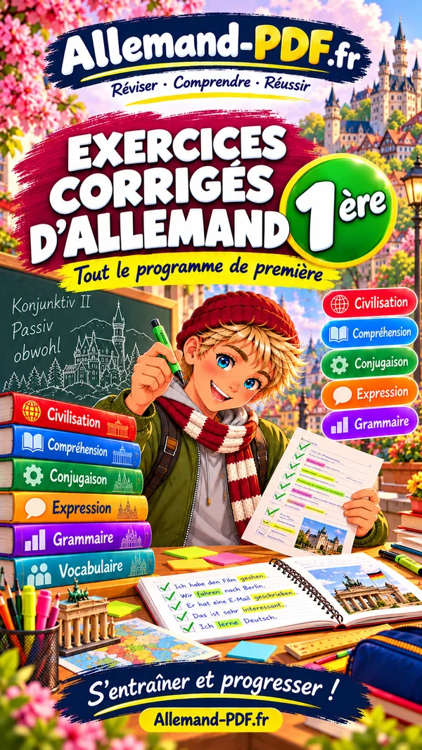 Jaquette du livre : Exercices corrigés d’allemand 1ère
