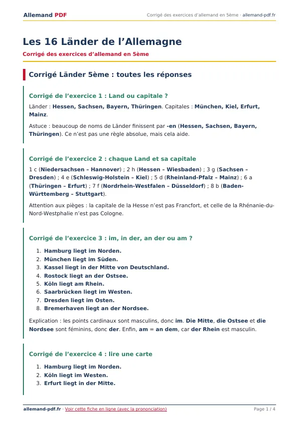 Corrigé « Les 16 Länder de l’Allemagne » en PDF