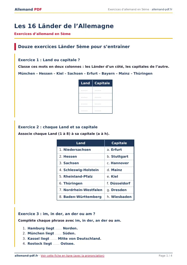 Exercices « Les 16 Länder de l’Allemagne » en PDF