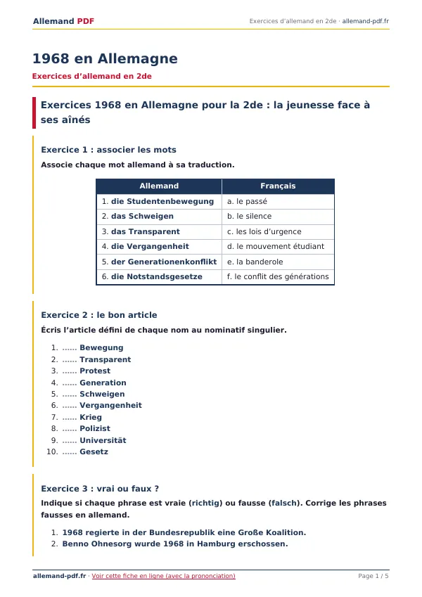 Exercices « 1968 en Allemagne » en PDF