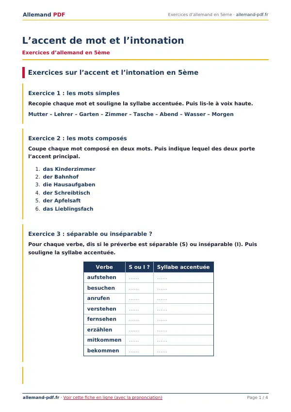 Exercices « L’accent de mot et l’intonation » en PDF