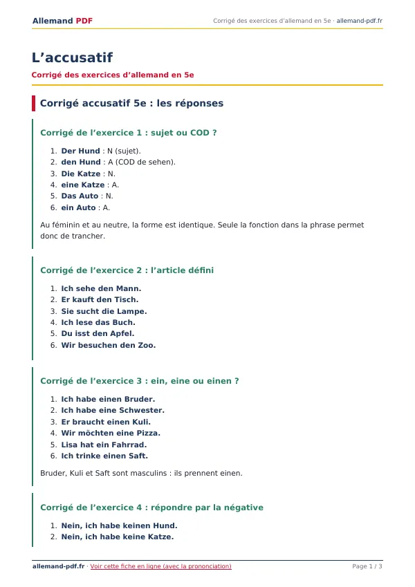 Corrigé « L’accusatif » en PDF