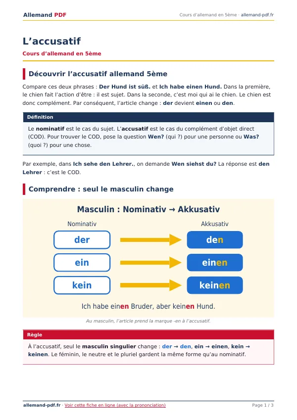 Cours « L’accusatif » en PDF