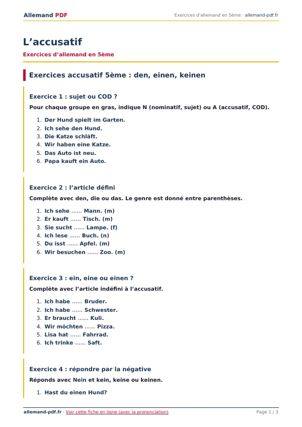 Exercices « L’accusatif » en PDF