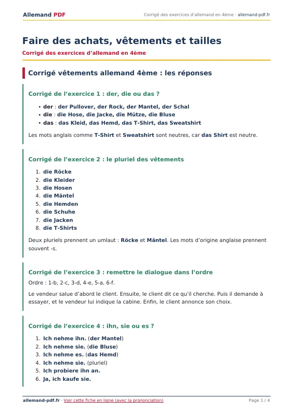 Corrigé « Faire des achats, vêtements et tailles » en PDF