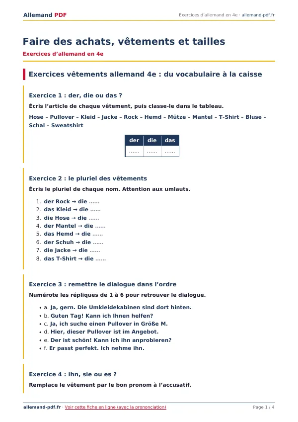 Exercices « Faire des achats, vêtements et tailles » en PDF