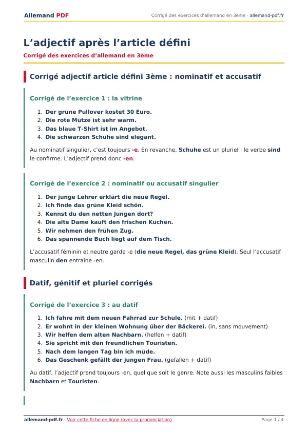 Corrigé « L’adjectif après l’article défini » en PDF