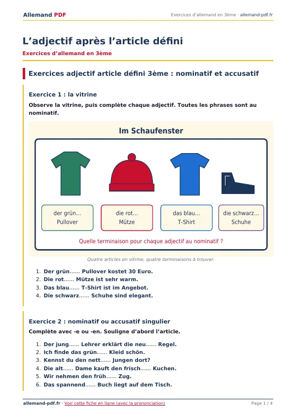 Exercices « L’adjectif après l’article défini » en PDF