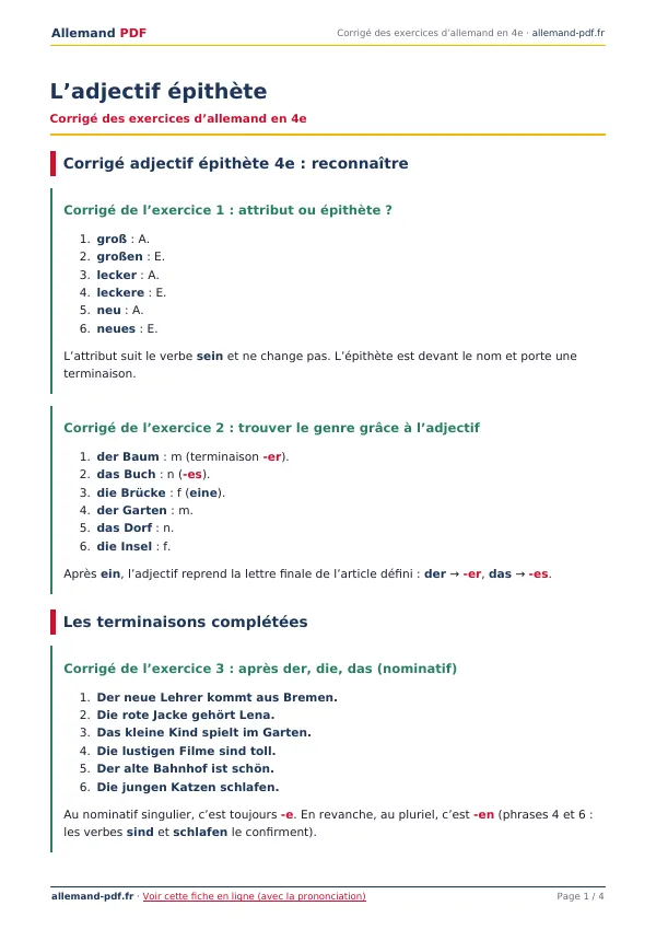 Corrigé « L’adjectif épithète » en PDF