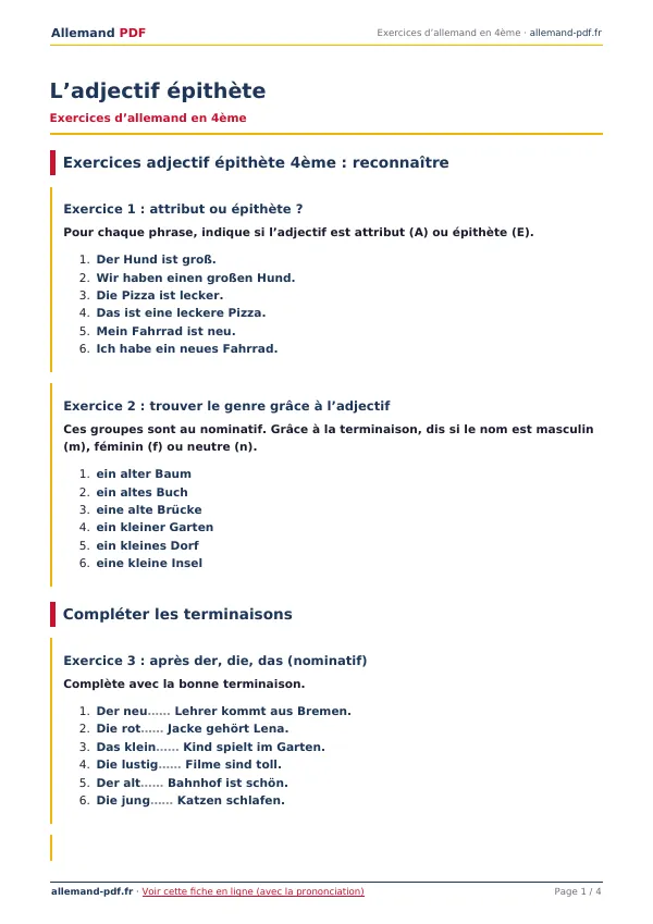 Exercices « L’adjectif épithète » en PDF