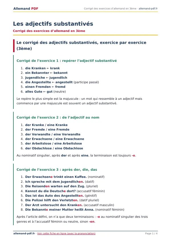 Corrigé « Les adjectifs substantivés » en PDF