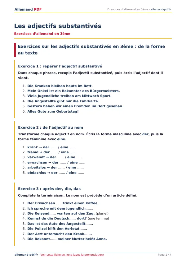 Exercices « Les adjectifs substantivés » en PDF