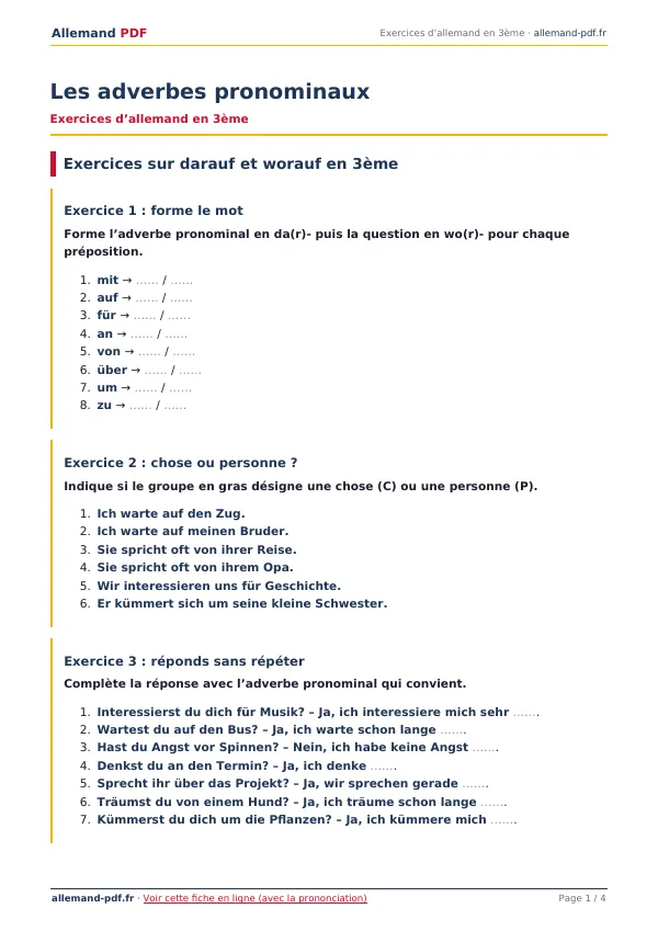 Exercices « Les adverbes pronominaux » en PDF