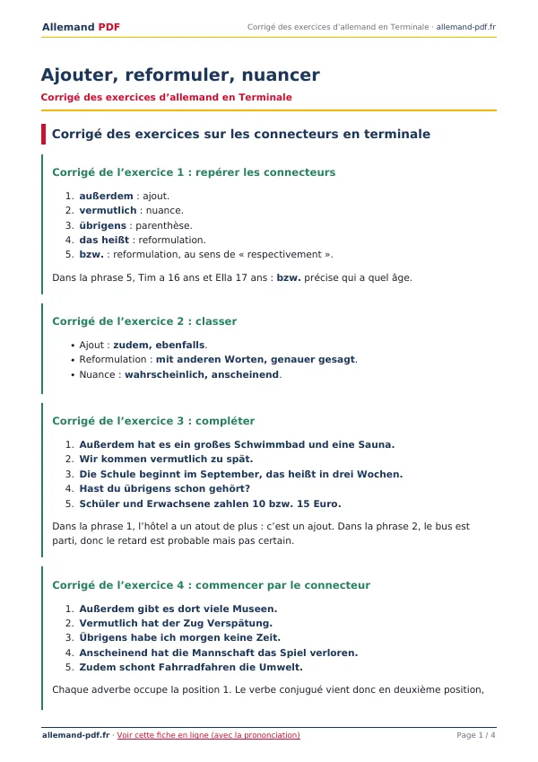 Corrigé « Ajouter, reformuler, nuancer » en PDF