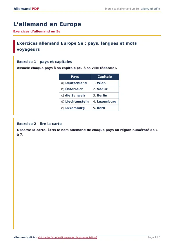 Exercices « L’allemand en Europe » en PDF