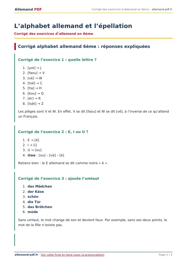 Corrigé « L’alphabet allemand et l’épellation » en PDF