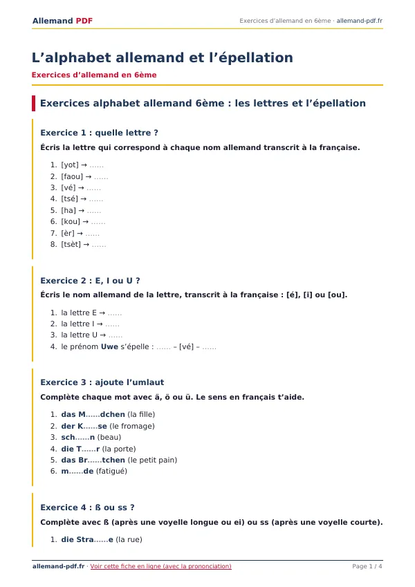 Exercices « L’alphabet allemand et l’épellation » en PDF