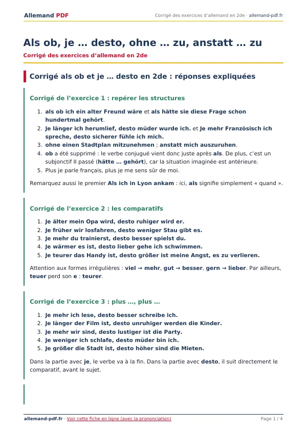 Corrigé « Als ob, je … desto, ohne … zu, anstatt … zu » en PDF