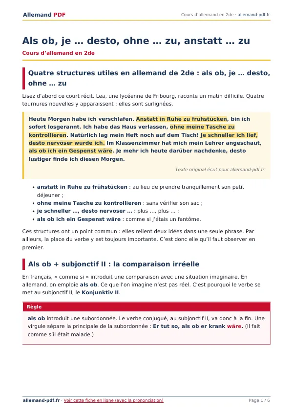 Cours « Als ob, je … desto, ohne … zu, anstatt … zu » en PDF