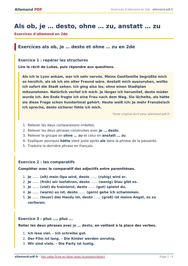 Exercices « Als ob, je … desto, ohne … zu, anstatt … zu » en PDF