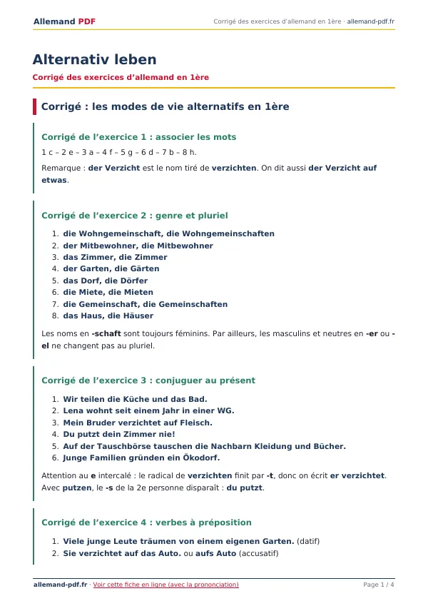 Corrigé « Alternativ leben » en PDF
