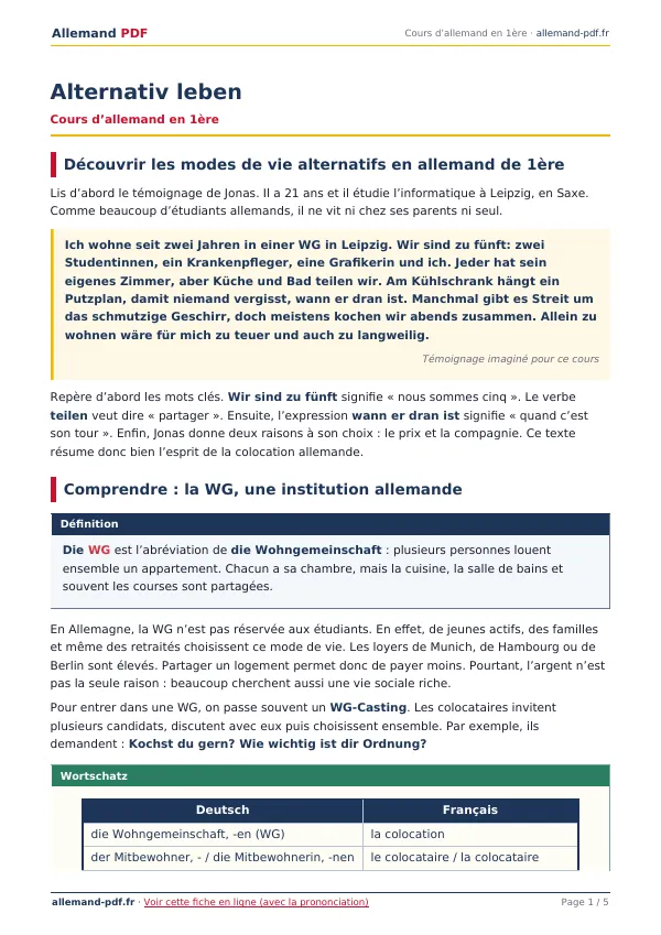 Cours « Alternativ leben » en PDF