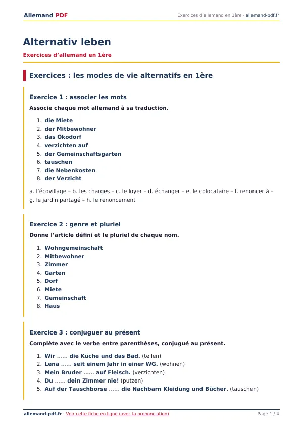 Exercices « Alternativ leben » en PDF