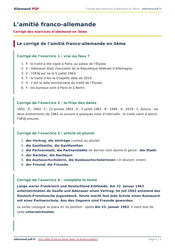 Corrigé « L’amitié franco-allemande » en PDF
