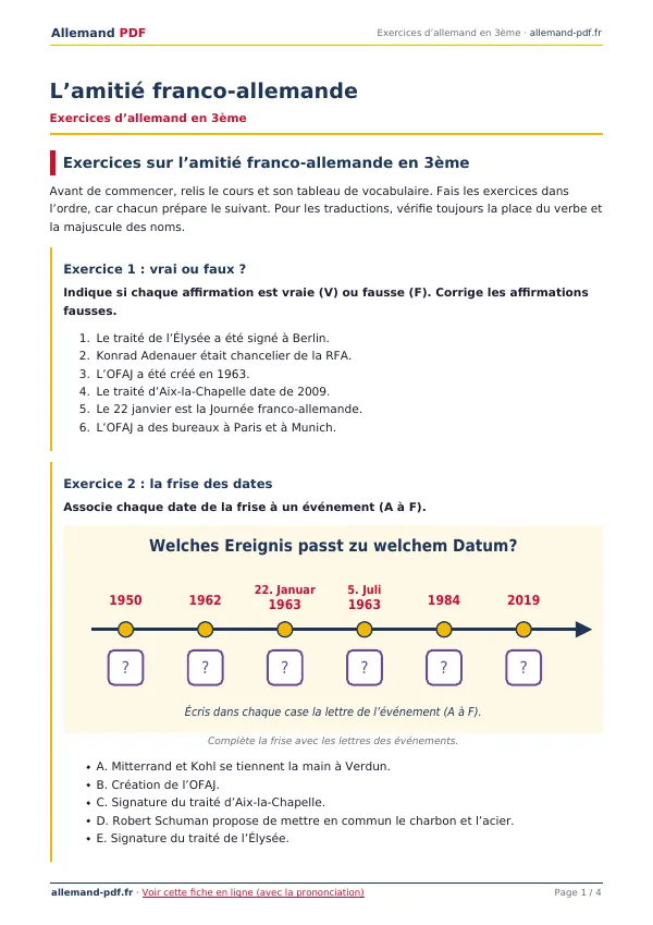 Exercices « L’amitié franco-allemande » en PDF