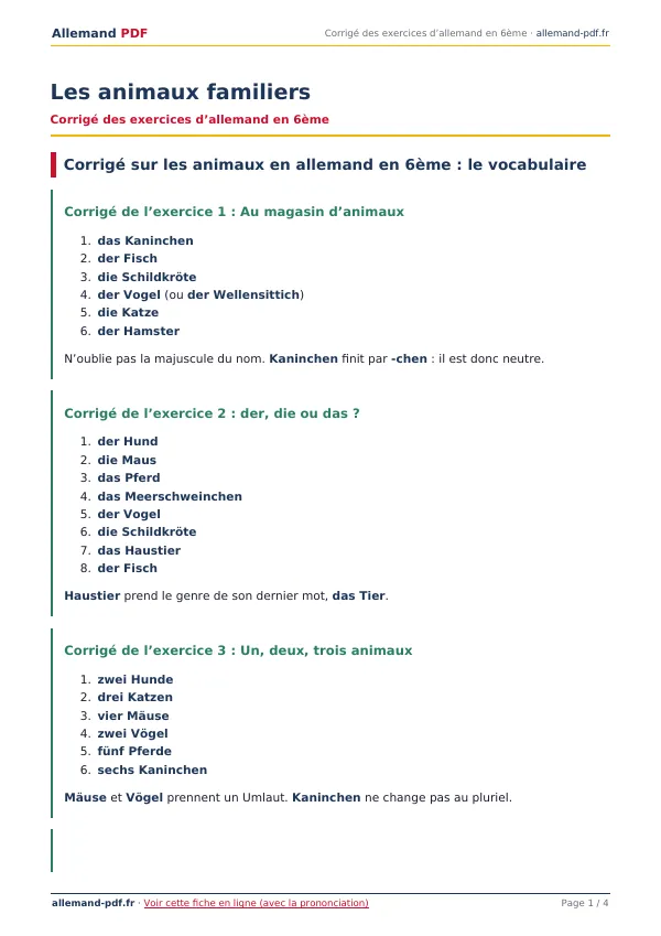 Corrigé « Les animaux familiers » en PDF