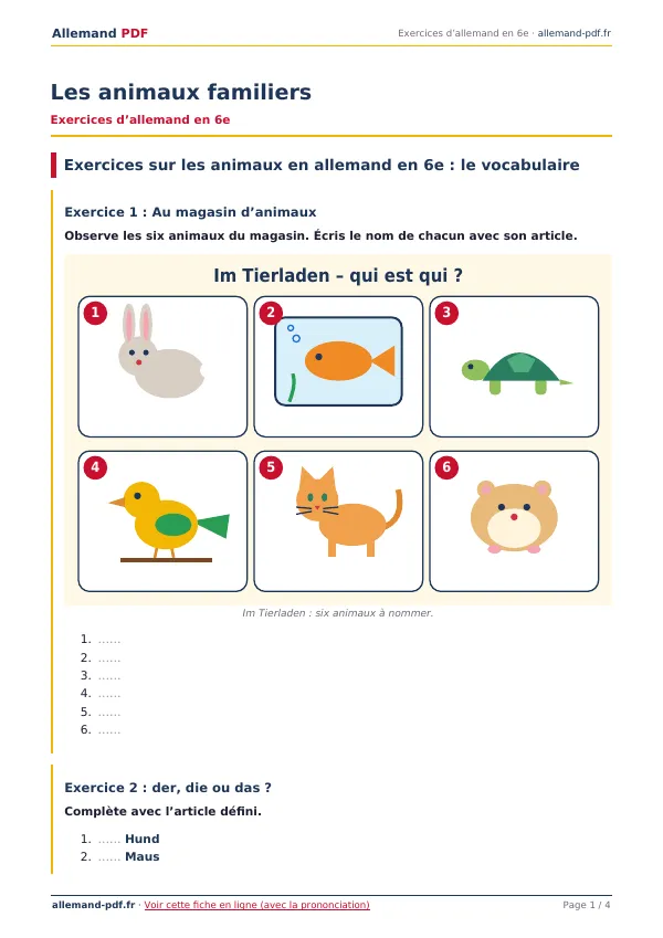Exercices « Les animaux familiers » en PDF