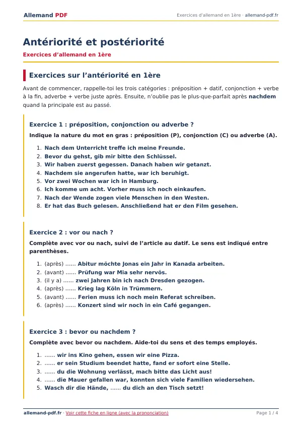 Exercices « Antériorité et postériorité » en PDF