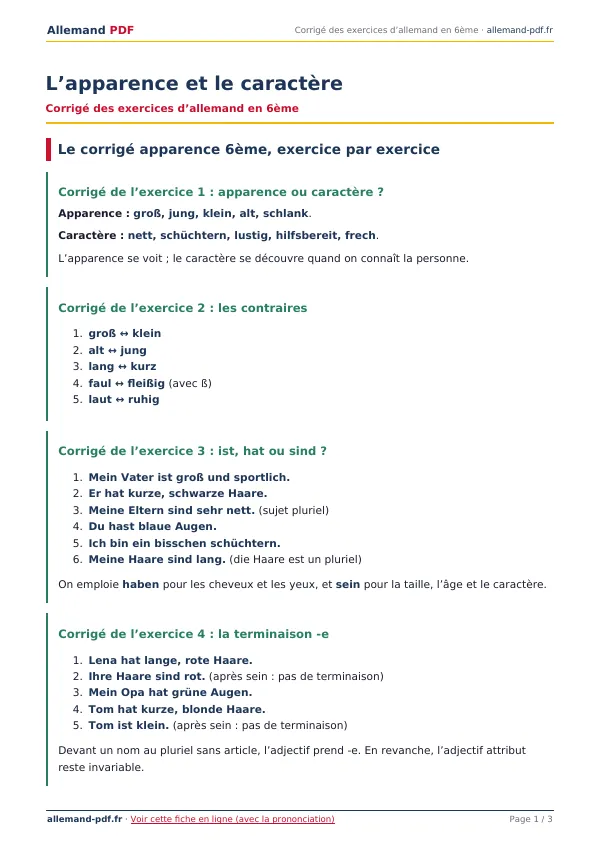 Corrigé « L’apparence et le caractère » en PDF