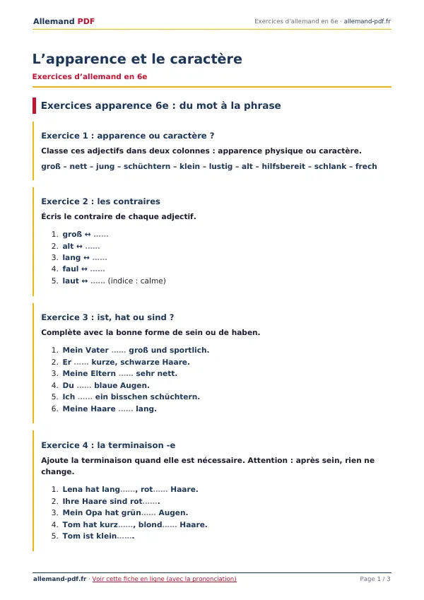 Exercices « L’apparence et le caractère » en PDF