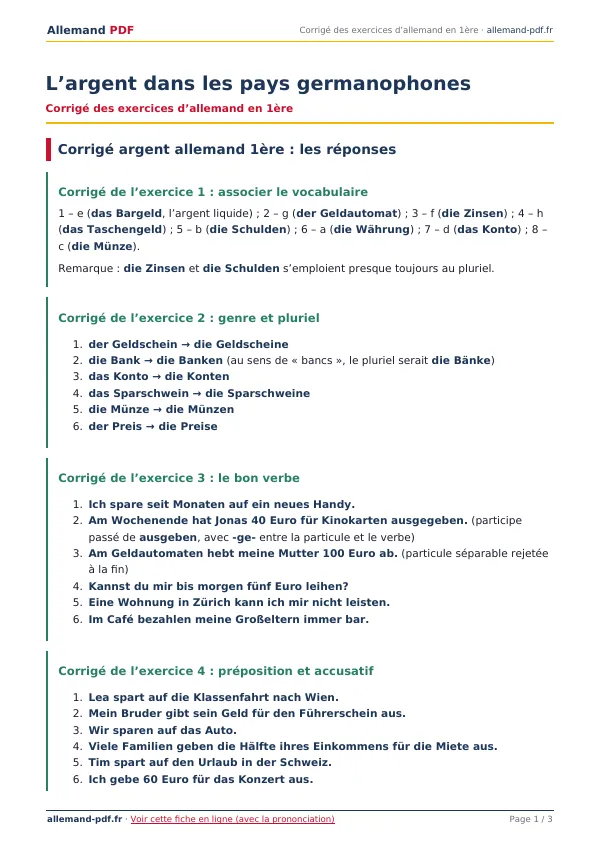 Corrigé « L’argent dans les pays germanophones » en PDF