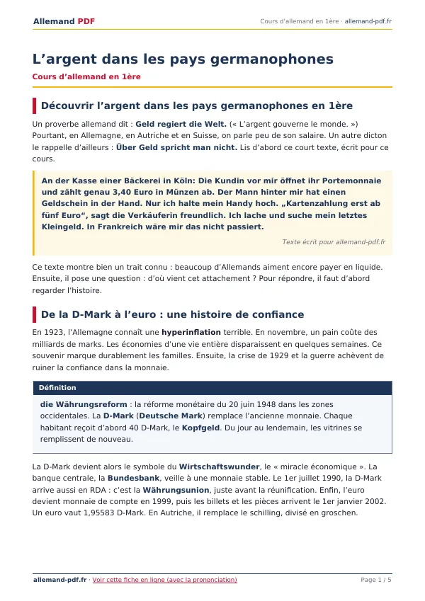 Cours « L’argent dans les pays germanophones » en PDF