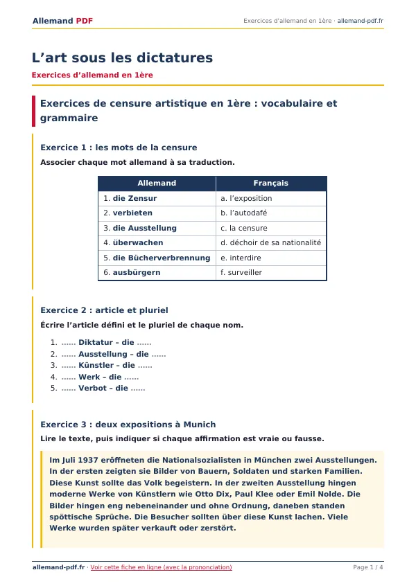 Exercices « L’art sous les dictatures » en PDF