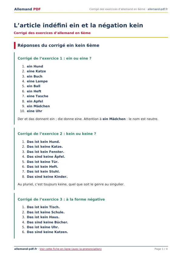 Corrigé « L’article indéfini ein et la négation kein » en PDF