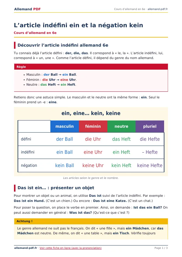 Cours « L’article indéfini ein et la négation kein » en PDF