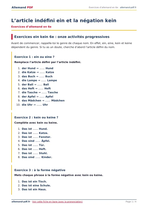 Exercices « L’article indéfini ein et la négation kein » en PDF