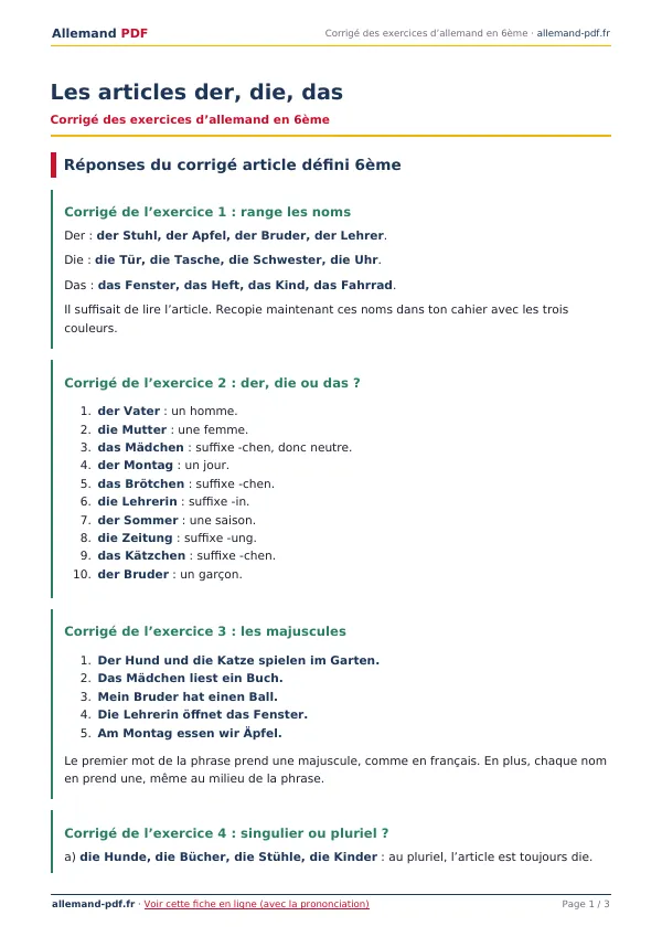 Corrigé « Les articles der, die, das » en PDF