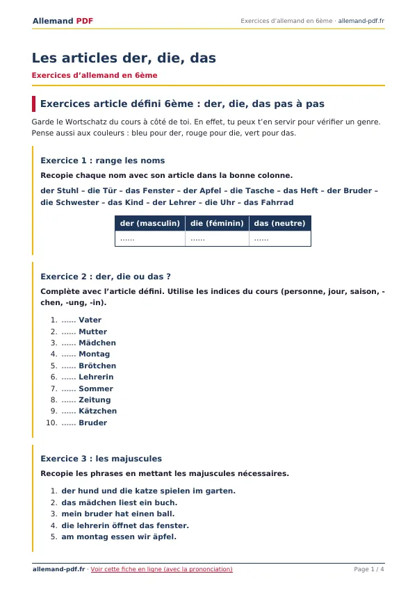 Exercices « Les articles der, die, das » en PDF